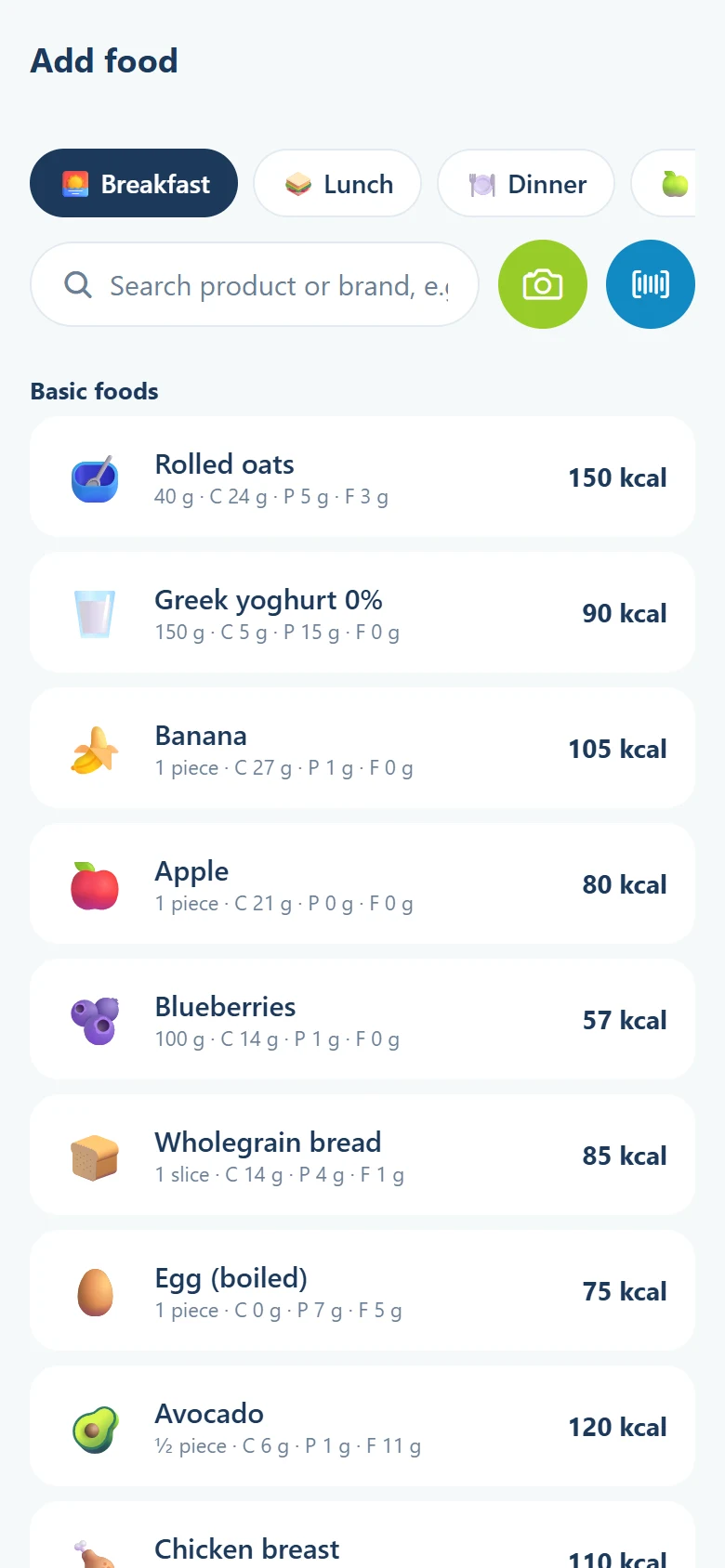The app: adding food by search, photo or barcode.