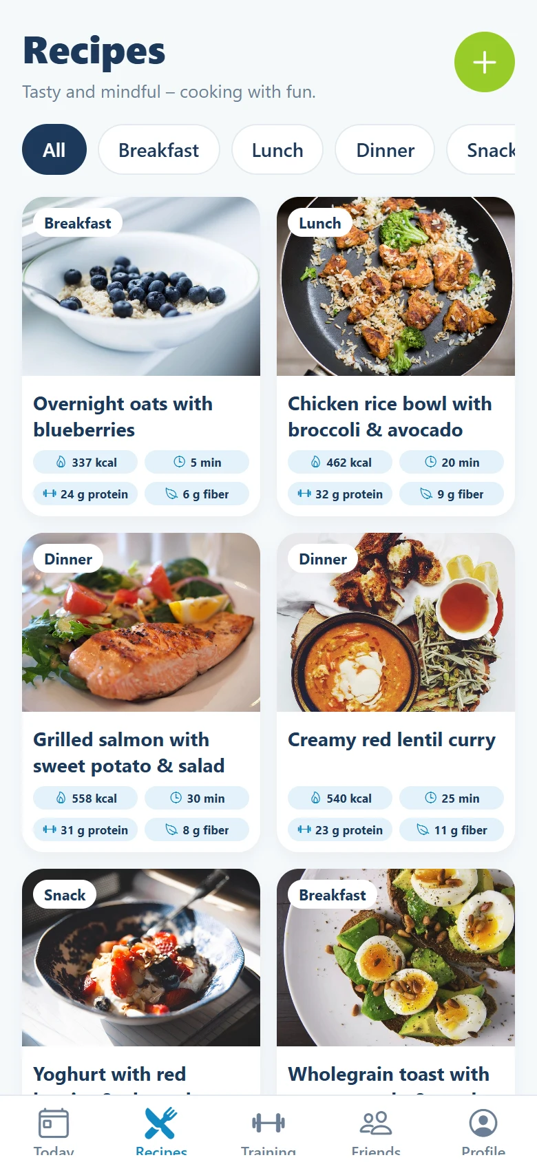 The app: recipes with kcal and protein.