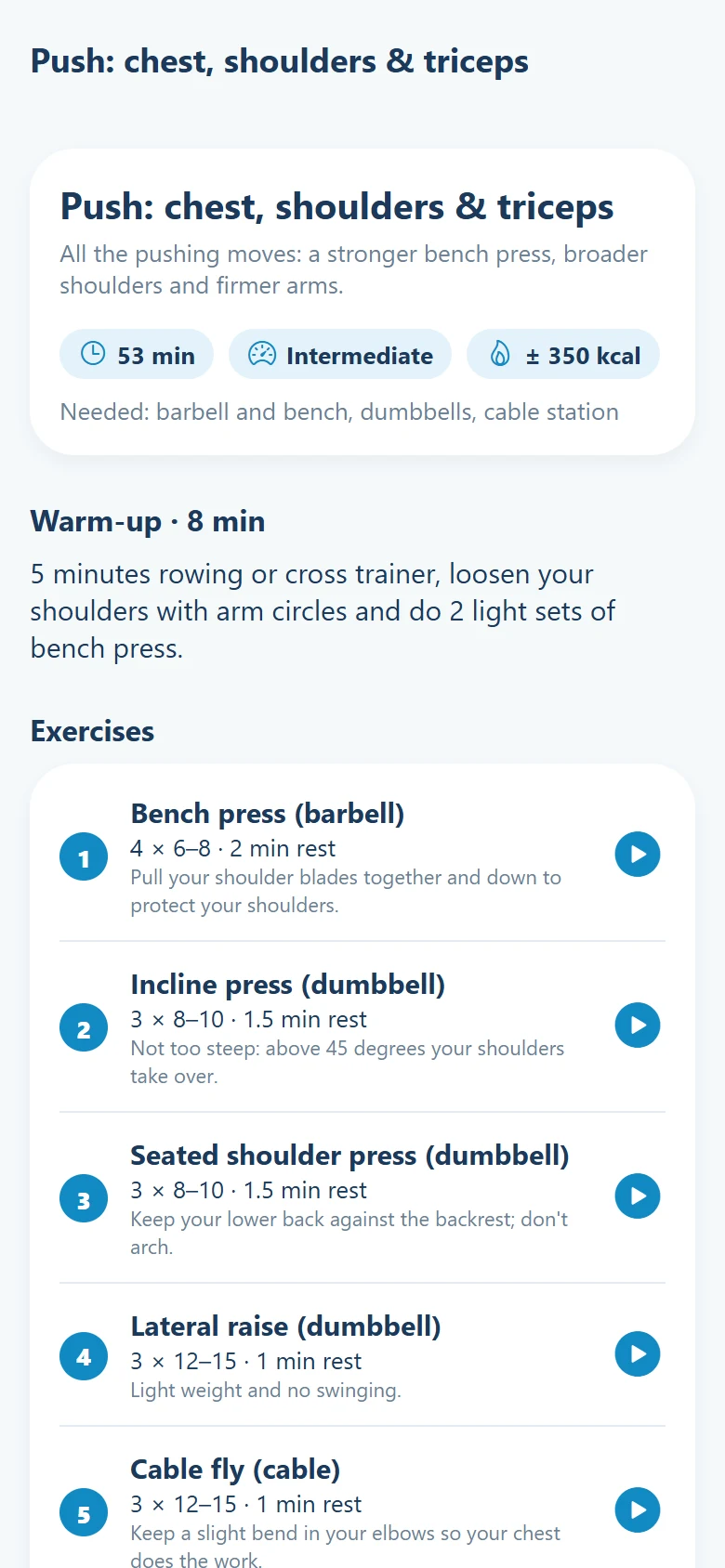 The app: a workout with its exercises.
