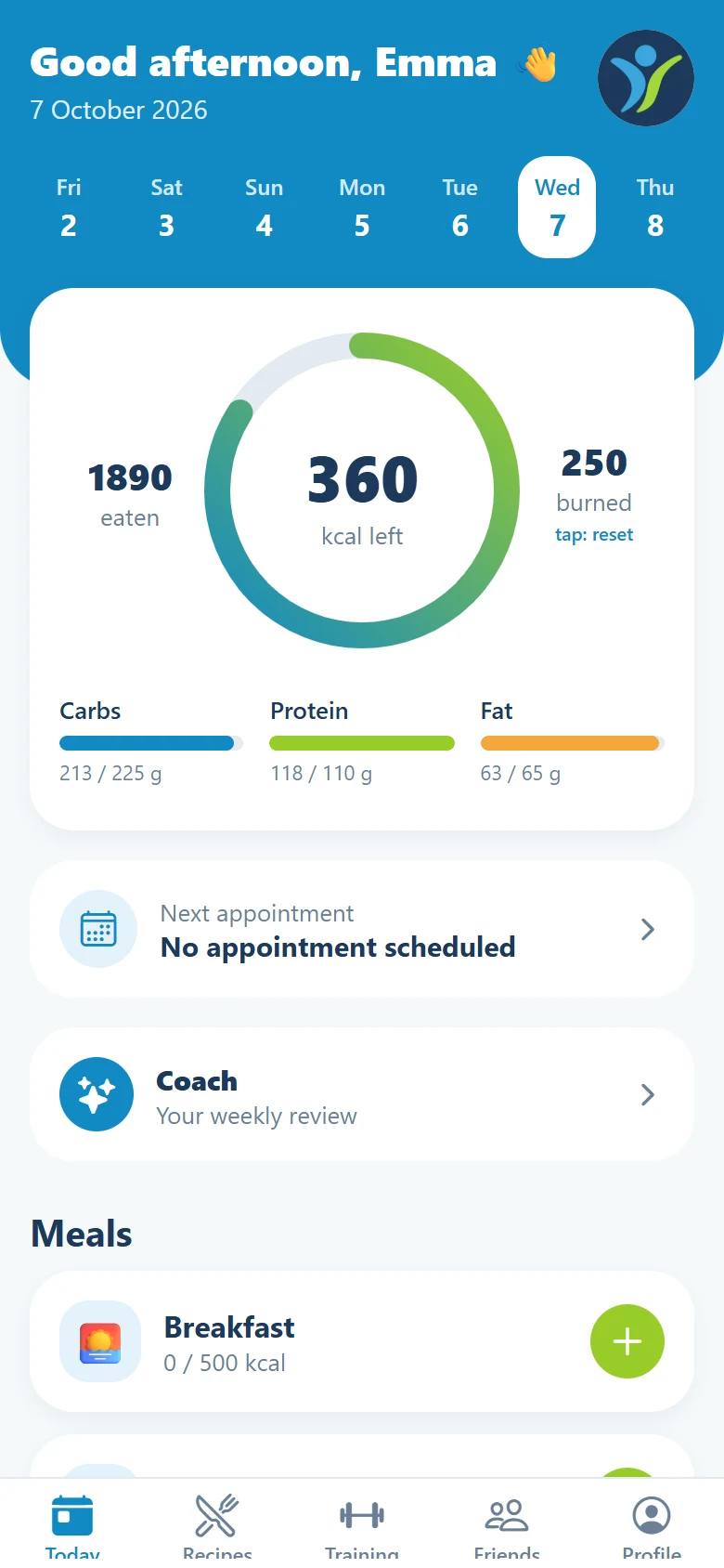 The MyFitBuddi app: the Today screen with your kcal and macros.