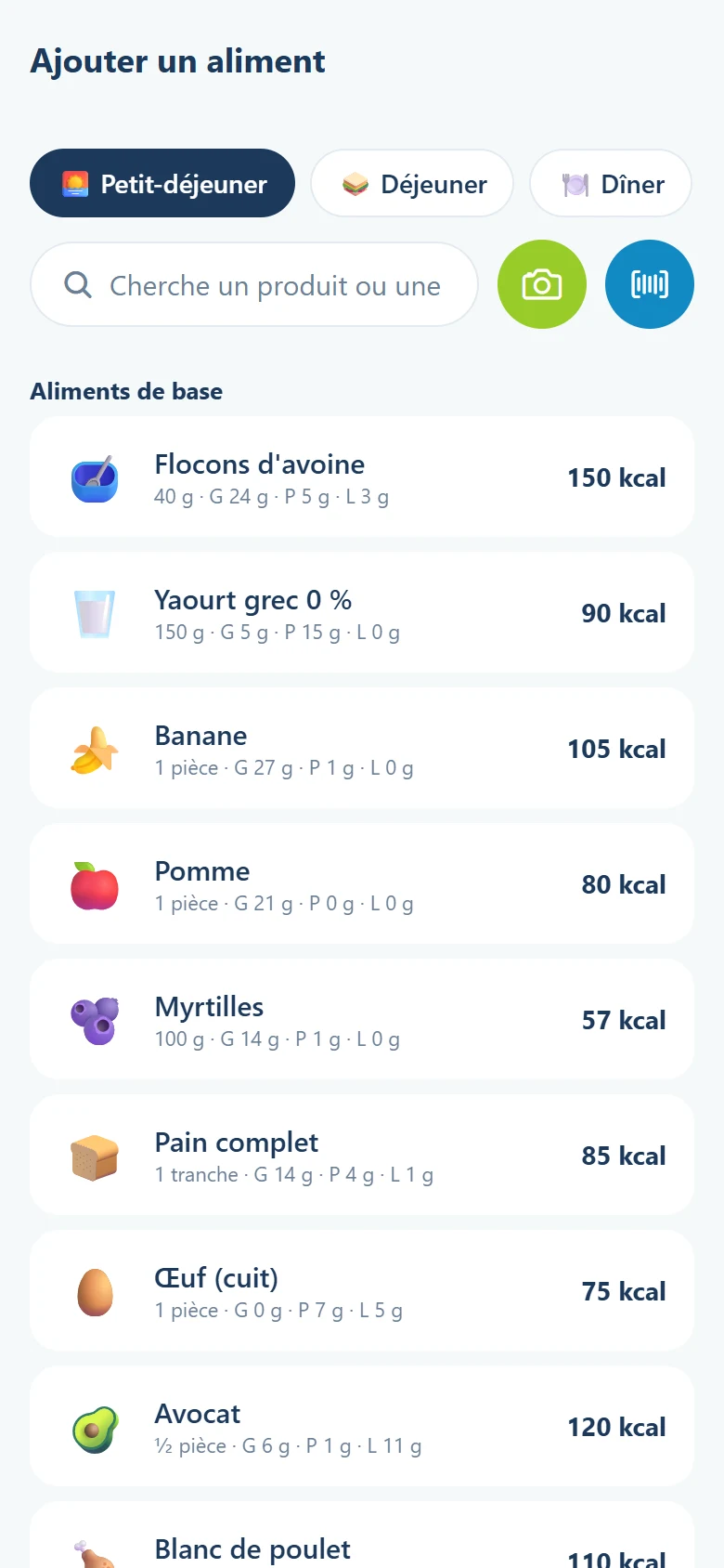 L’app : ajouter un aliment par recherche, photo ou code-barres.