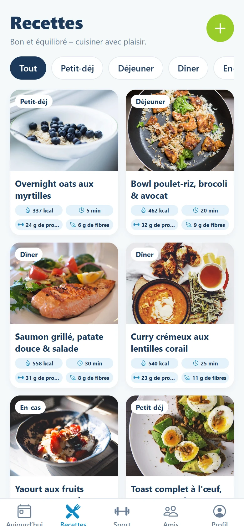 L’app : des recettes avec les kcal et les protéines.