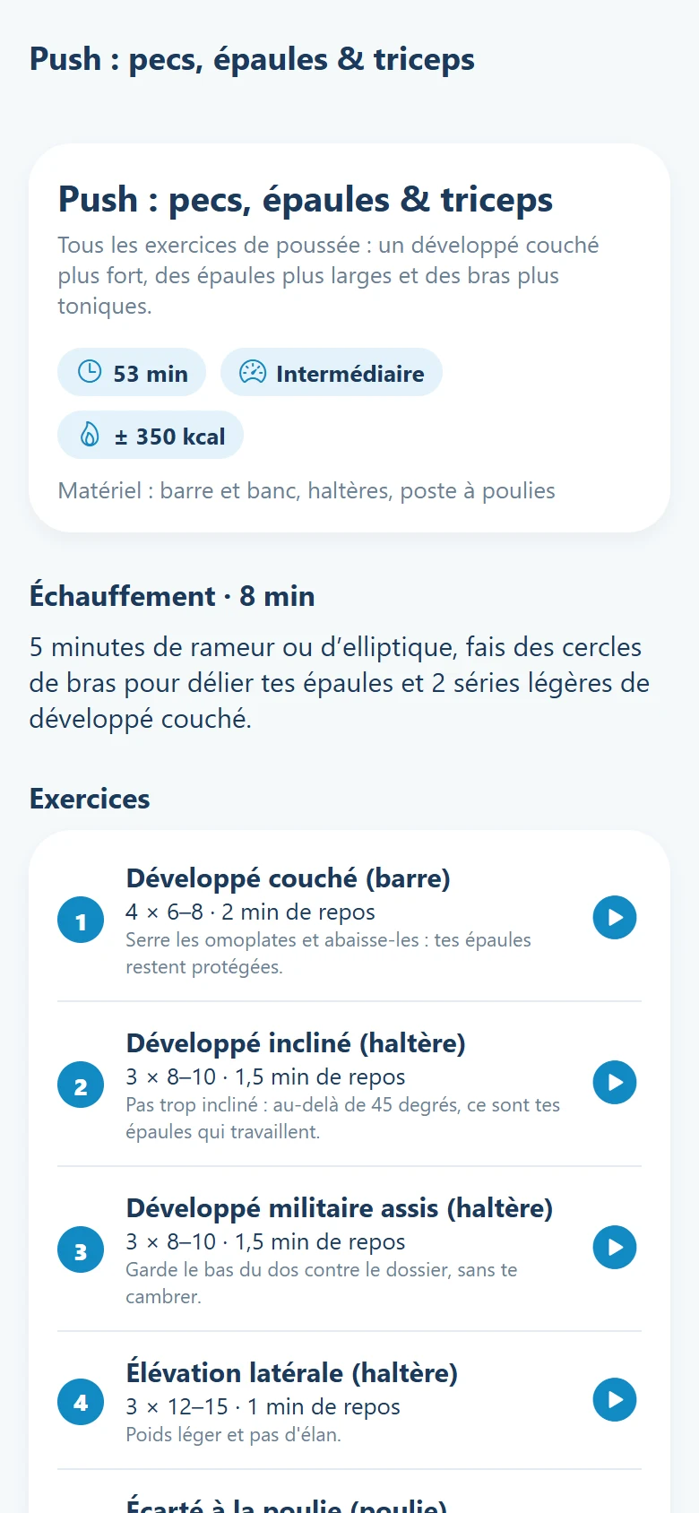 L’app : une séance avec ses exercices.