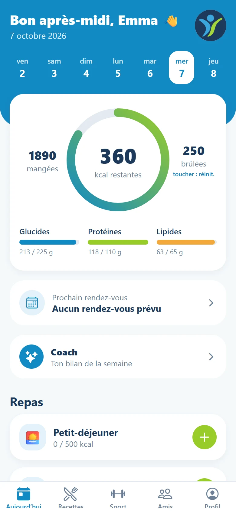 L’app MyFitBuddi : l’écran Aujourd’hui avec tes kcal et tes macros.