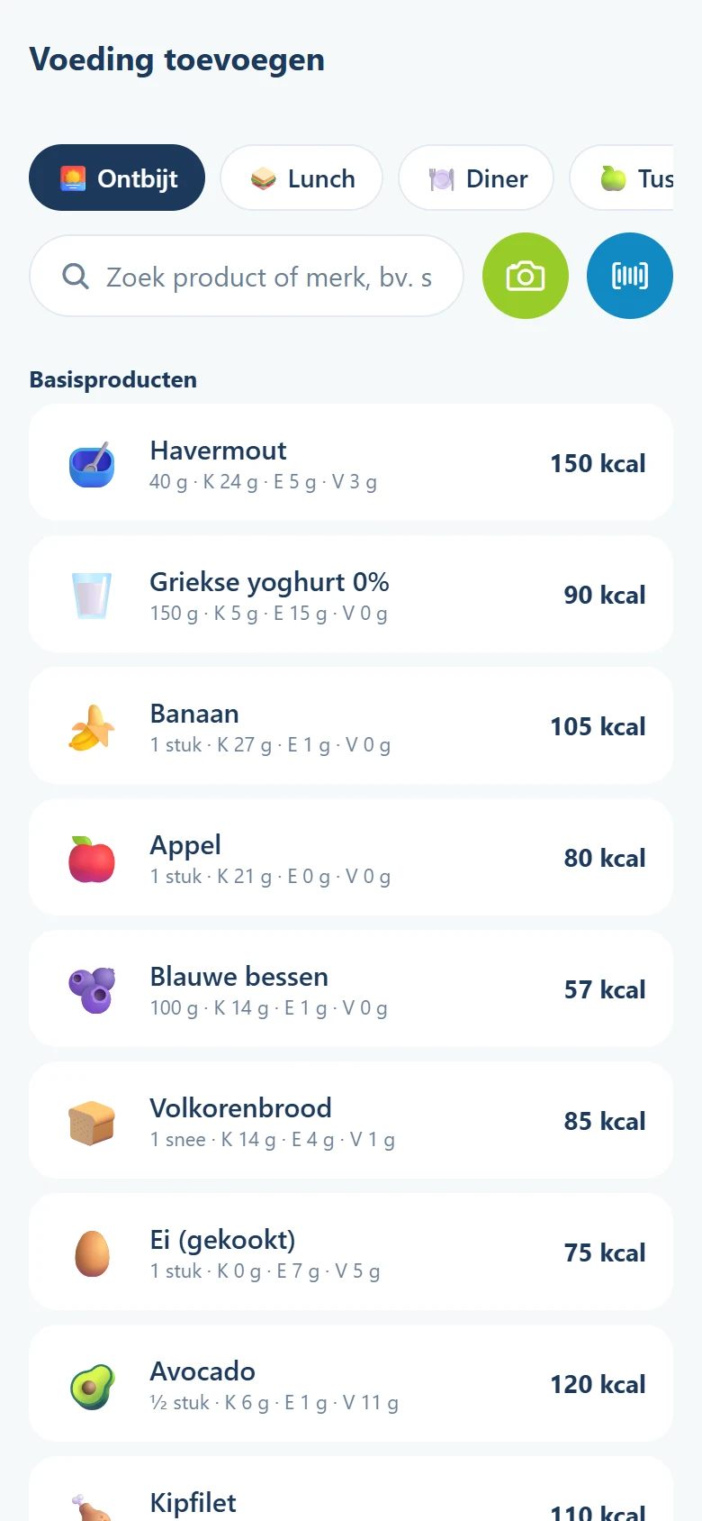 De app: voeding toevoegen met zoeken, een foto of de barcode.