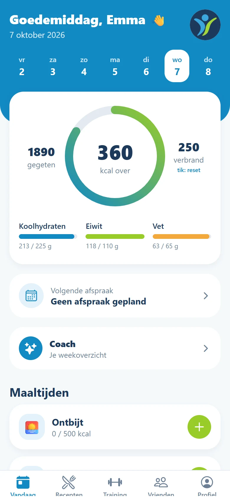 De MyFitBuddi-app: het scherm Vandaag met je kcal en macro’s.